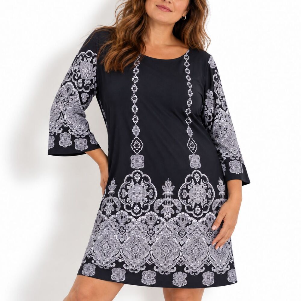 En Focus Petite Dress 12P Navy White Medallion Print Shift 3/4 Sleeve Stretch